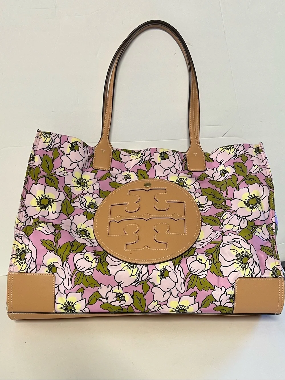 Tory Burch Pink Floral Tote with Tan Leather Trim